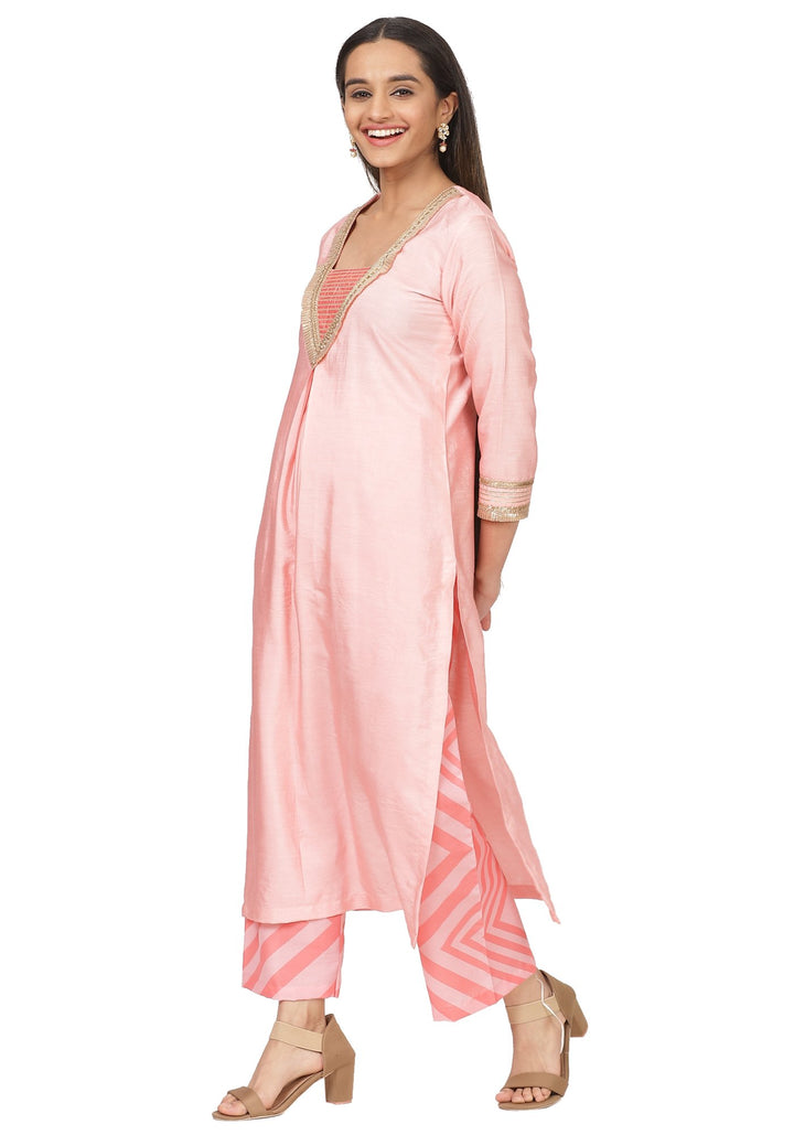 anokherang Combos Carrot Pink Gotta Stripes Kurti with Straight Palazzo
