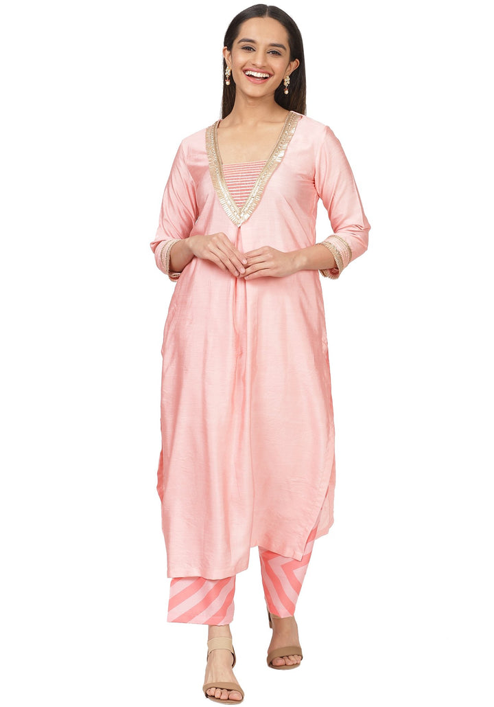 anokherang Combos Carrot Pink Gotta Stripes Kurti with Straight Palazzo