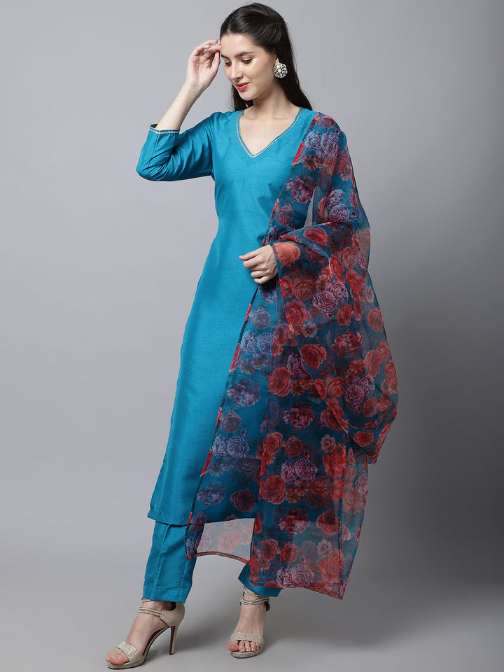 anokherang Combos Celeste Blue Silk Kurti With Pants And Printed Dupatta