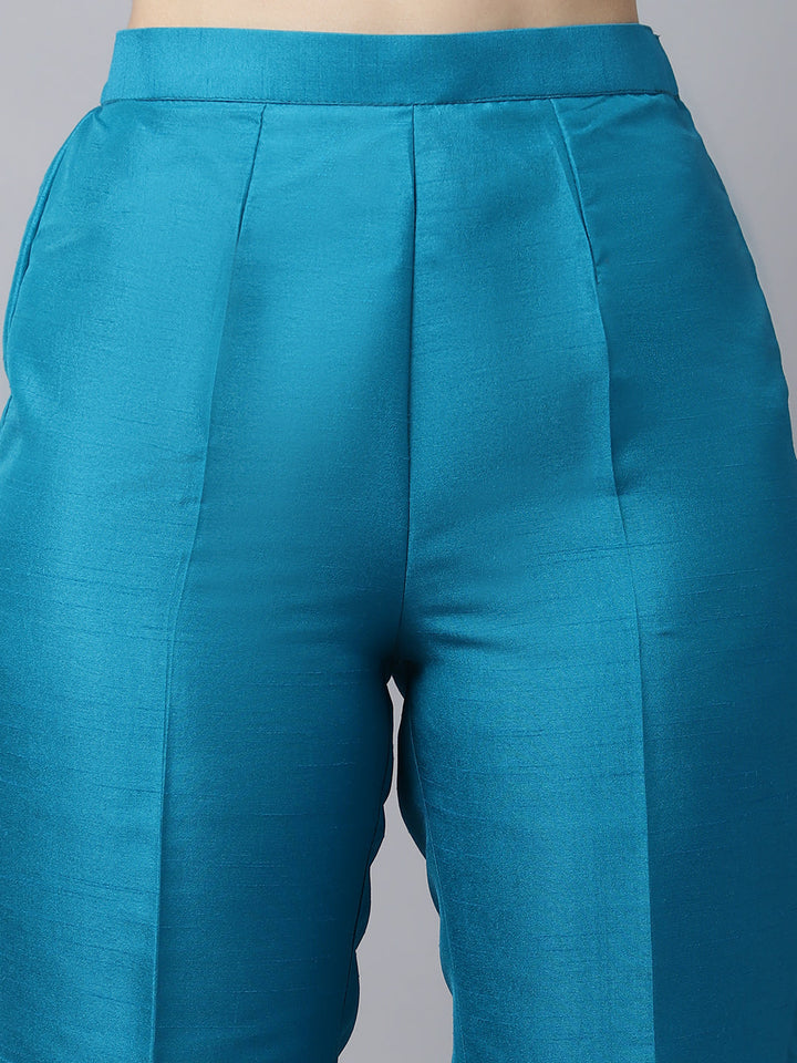 anokherang Combos Celeste Blue Silk Kurti With Pants And Printed Dupatta