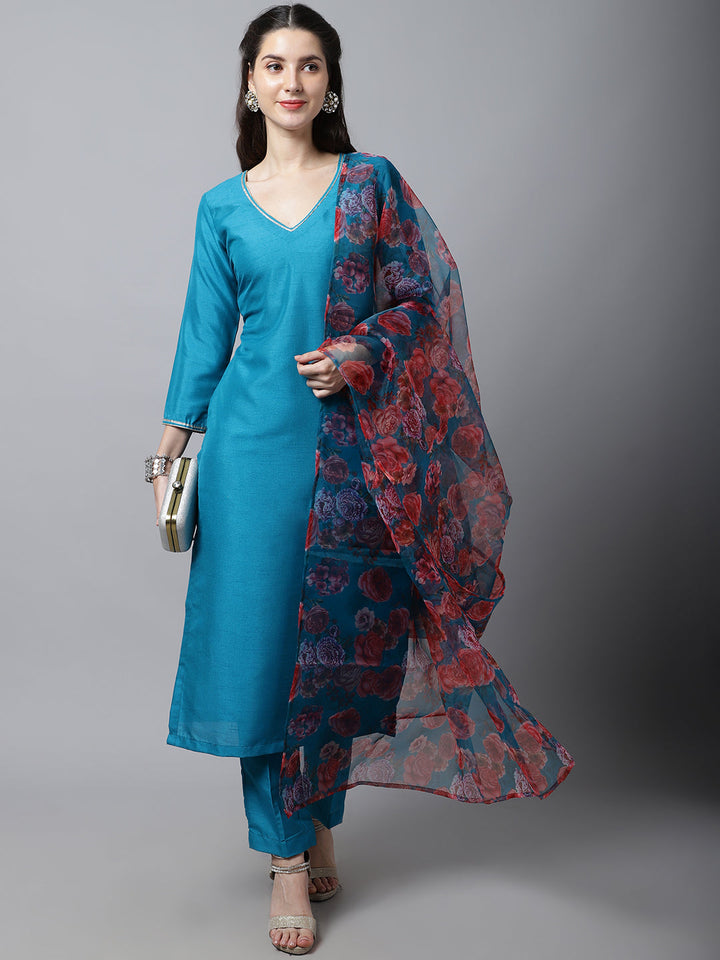 anokherang Combos Celeste Blue Silk Kurti With Pants And Printed Dupatta
