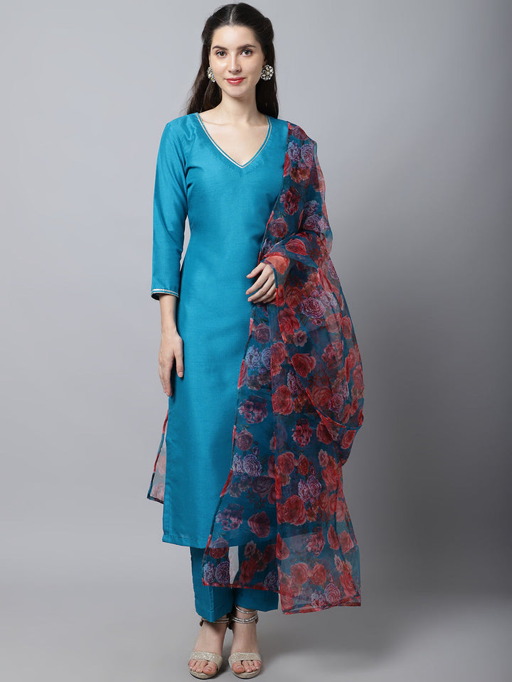 anokherang Combos Celeste Blue Silk Kurti With Pants And Printed Dupatta