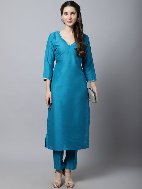 anokherang Combos Celeste Blue Silk Kurti With Straight Pants