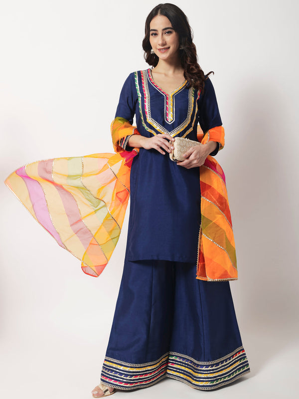 anokherang Combos Charming Navy Silk Kurti with Kalidaar Palazzo and Designer Organza Dupatta