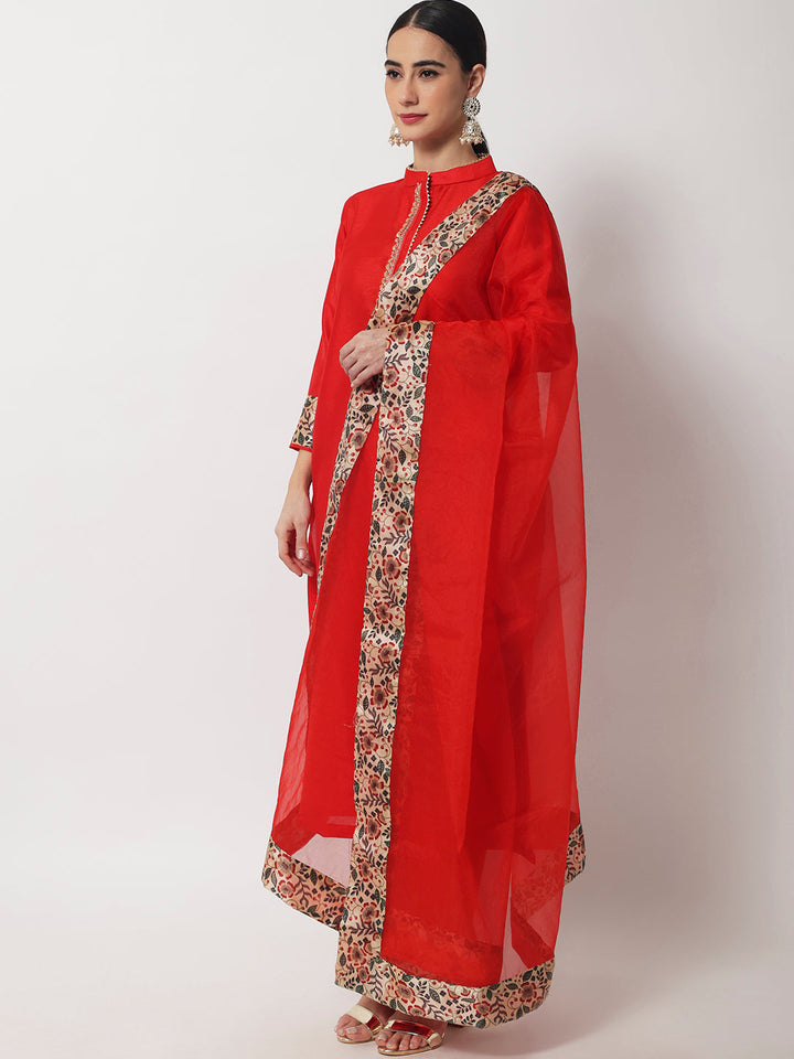 anokherang Combos Charming Red Silk Kurti With Straight Pants and Organza Dupatta