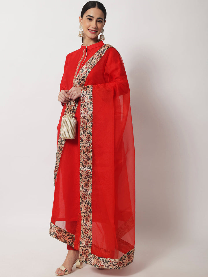 anokherang Combos Charming Red Silk Kurti With Straight Pants and Organza Dupatta