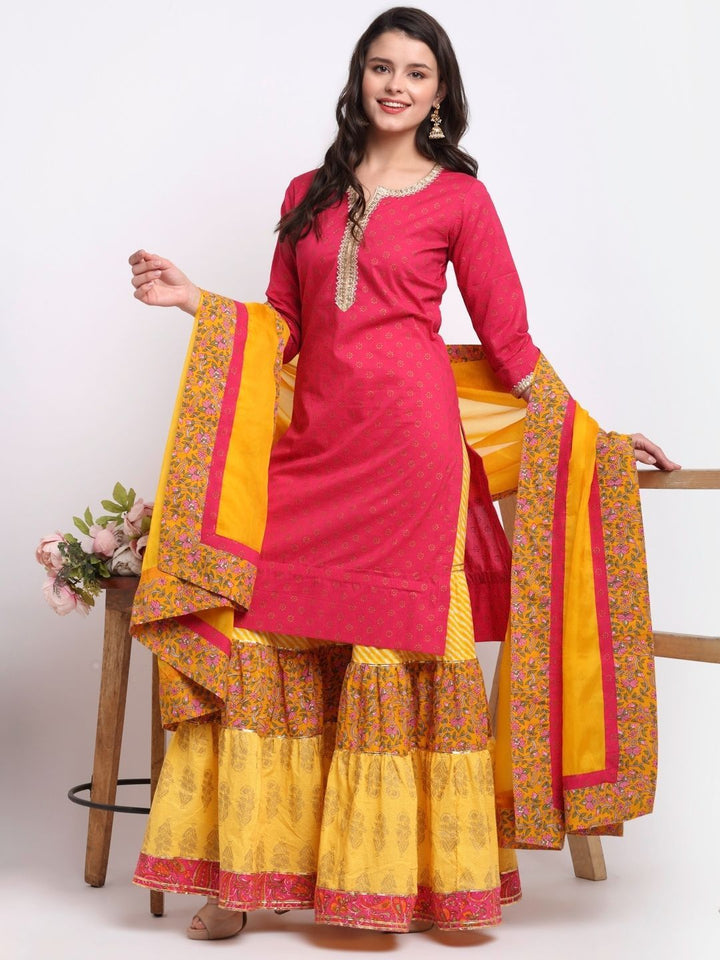anokherang Combos Cheerful Magenta Kurti with Multi Printed Sharara and Organza Dupatta