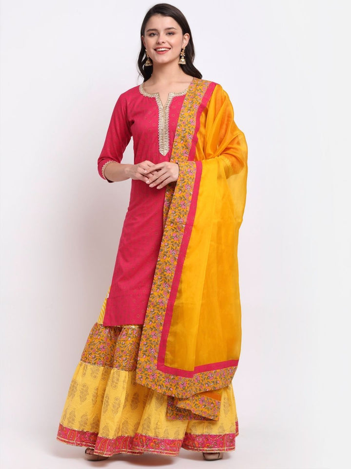 anokherang Combos Cheerful Magenta Kurti with Multi Printed Sharara and Organza Dupatta