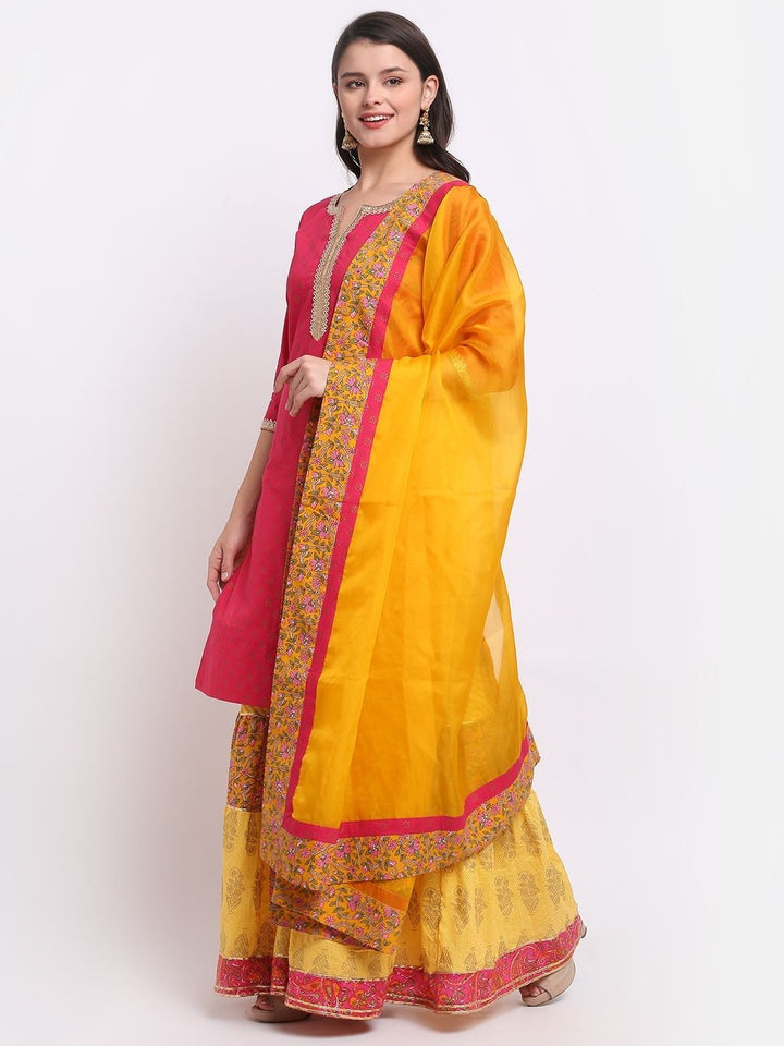 anokherang Combos Cheerful Magenta Kurti with Multi Printed Sharara and Organza Dupatta