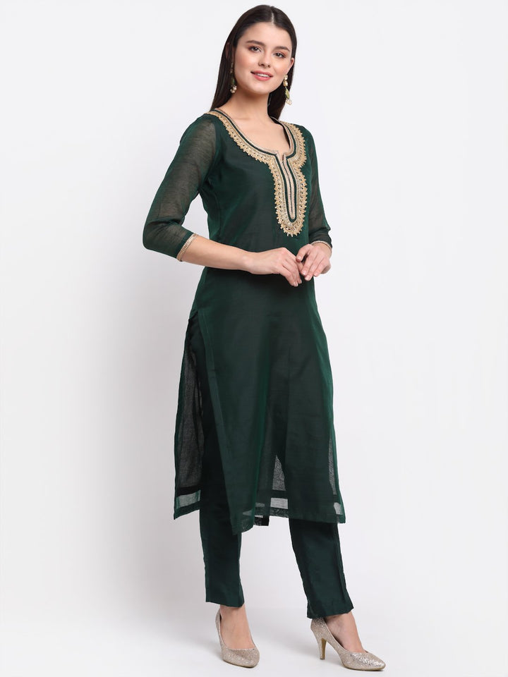 anokherang Combos Chic Green Chanderi Straight Kurti with Pants