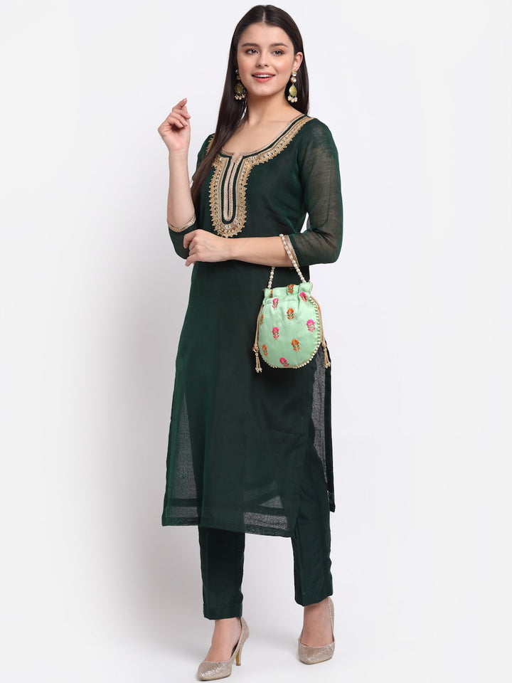 anokherang Combos Chic Green Chanderi Straight Kurti with Pants