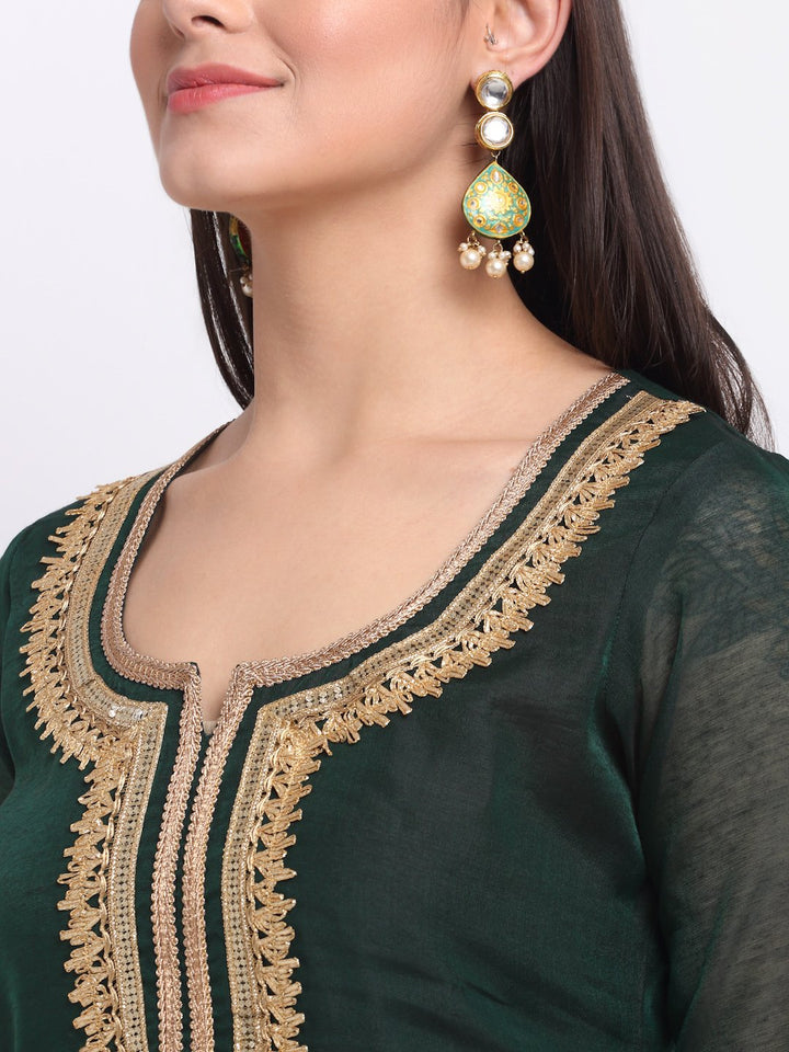 anokherang Combos Chic Green Chanderi Straight Kurti with Pants and Leheriya Scalloped Dupatta