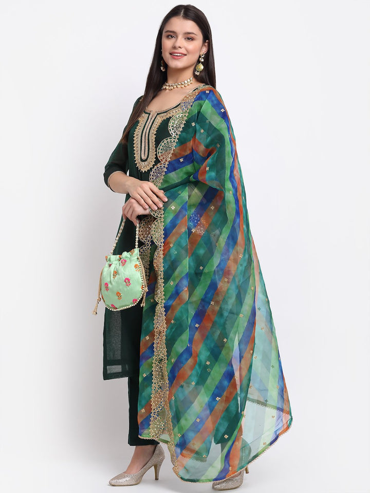 anokherang Combos Chic Green Chanderi Straight Kurti with Pants and Leheriya Scalloped Dupatta