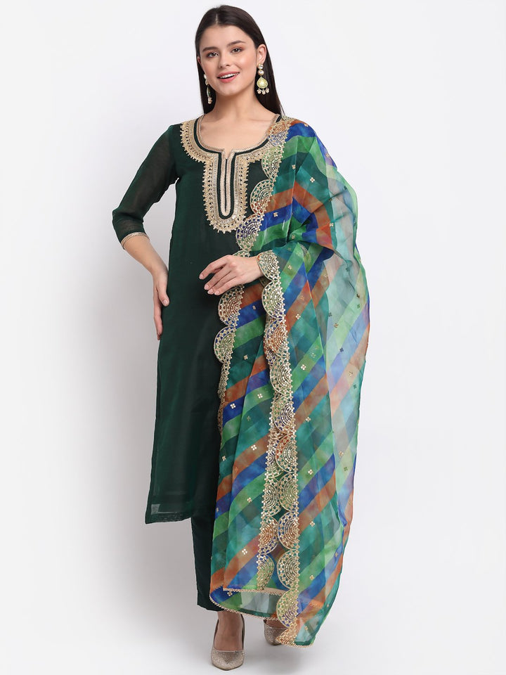 anokherang Combos Chic Green Chanderi Straight Kurti with Pants and Leheriya Scalloped Dupatta