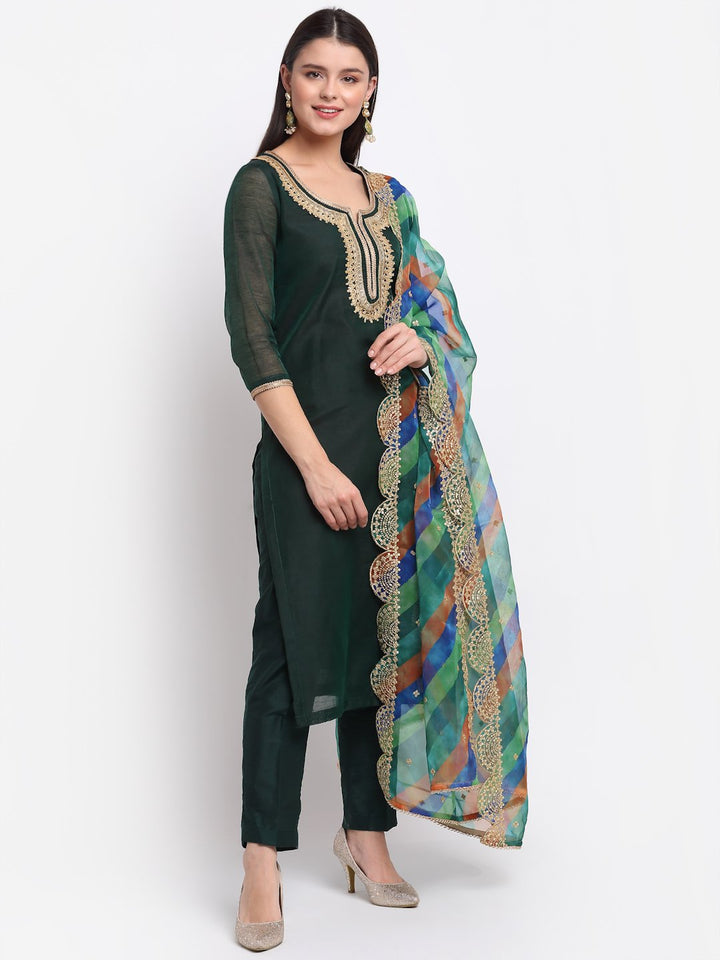 anokherang Combos Chic Green Chanderi Straight Kurti with Pants and Leheriya Scalloped Dupatta