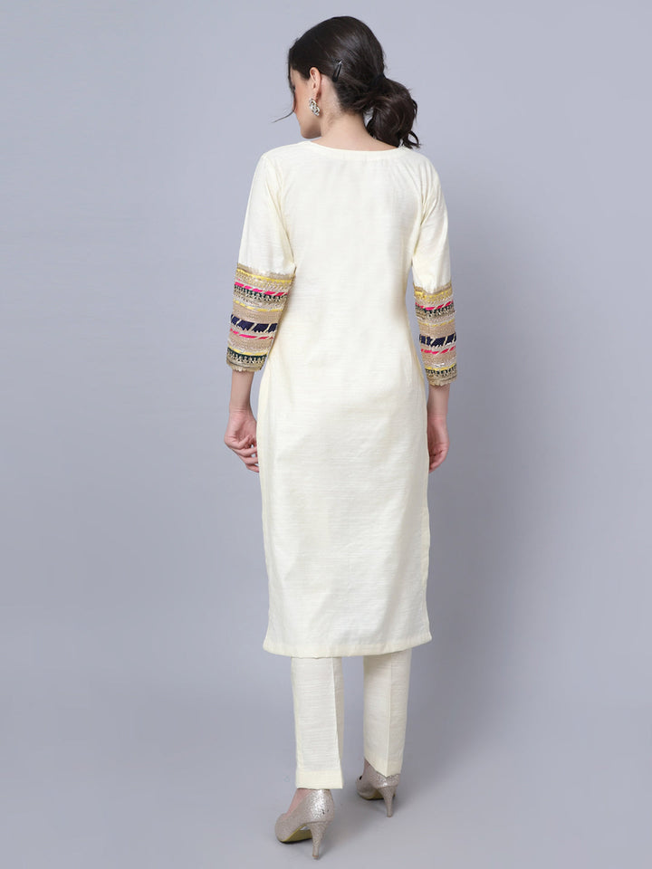 anokherang Combos Classic Off-White Embroidered Kurti with Straight Pants