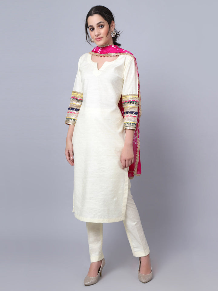 anokherang Combos Classic Off-White Embroidered Kurti with Straight Pants and Dupatta