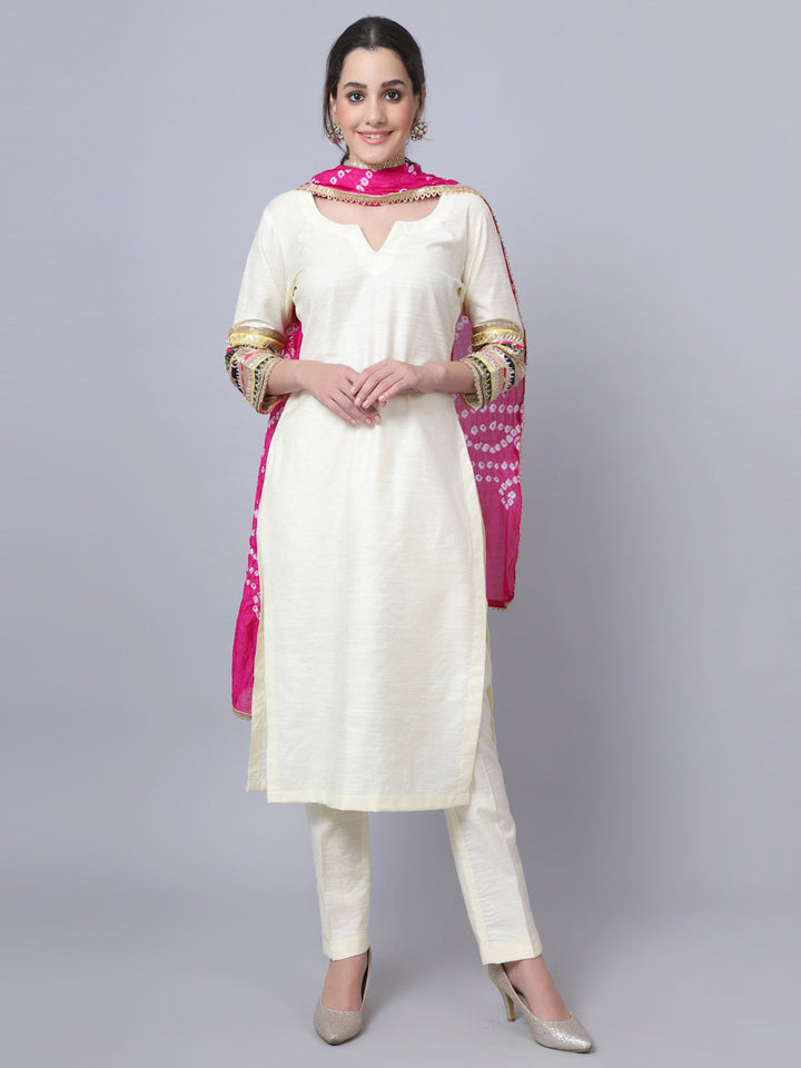 anokherang Combos Classic Off-White Embroidered Kurti with Straight Pants and Dupatta
