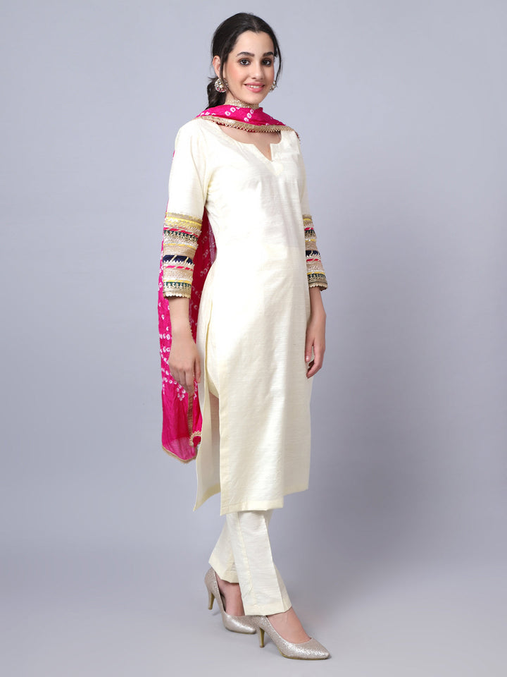 anokherang Combos Classic Off-White Embroidered Kurti with Straight Pants and Dupatta