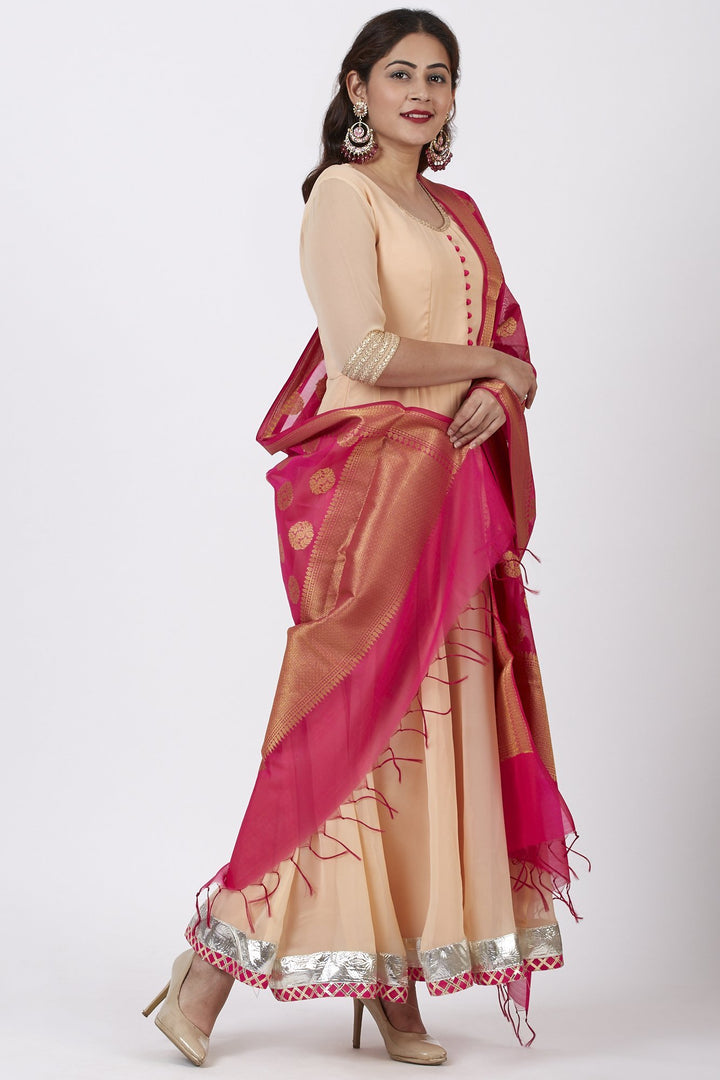 anokherang Combos Classical Coral Floor Length Anarkali Dress with Pink Banarsi Dupatta