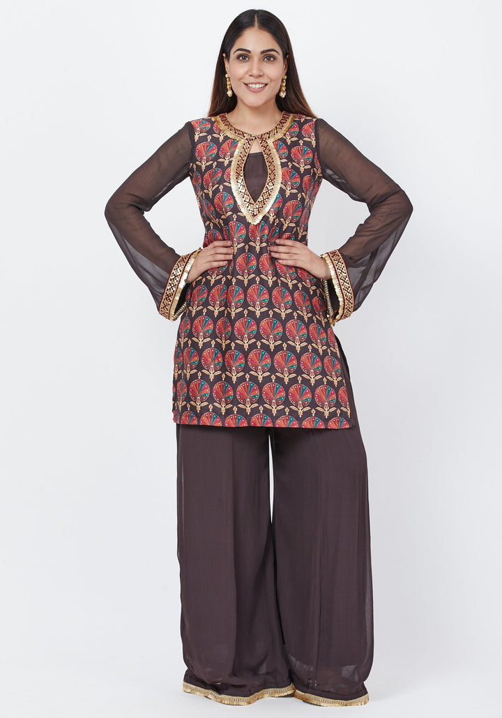 anokherang Combos Coffee Brown Printed Sequenced Short Kurti with Palazzo and Sequenced Dupatta