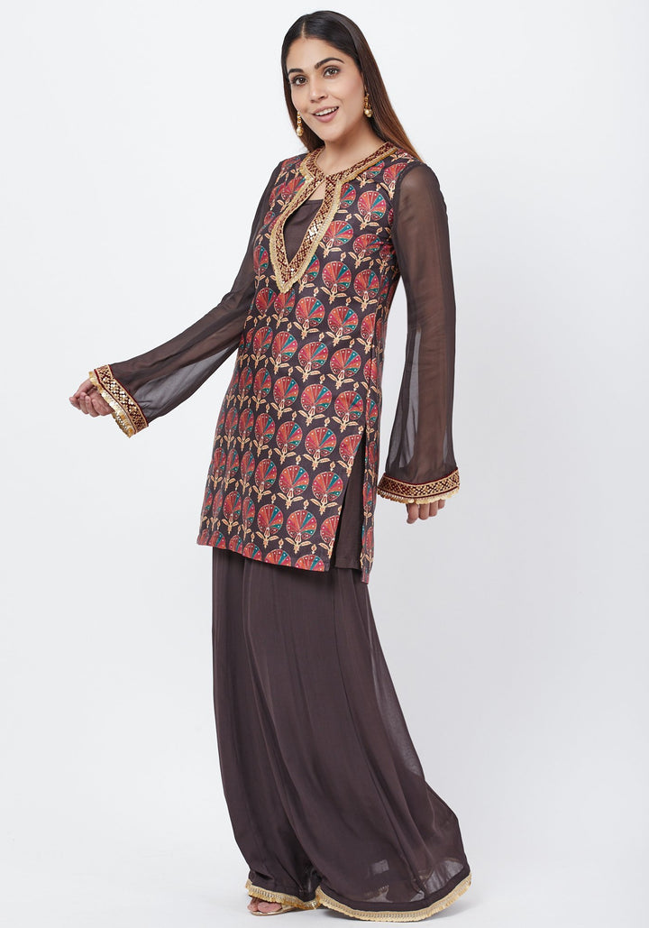 anokherang Combos Coffee Brown Printed Sequenced Short Kurti with Palazzo and Sequenced Dupatta