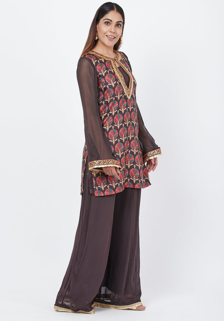anokherang Combos Coffee Brown Printed Sequenced Short Kurti with Palazzo and Sequenced Dupatta