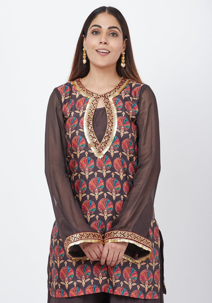 anokherang Combos Coffee Brown Printed Sequenced Short Kurti with Palazzo and Sequenced Dupatta