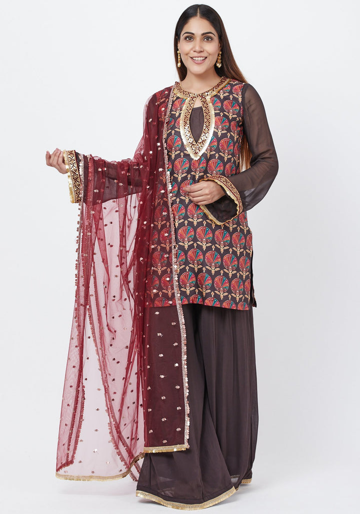 anokherang Combos Coffee Brown Printed Sequenced Short Kurti with Palazzo and Sequenced Dupatta