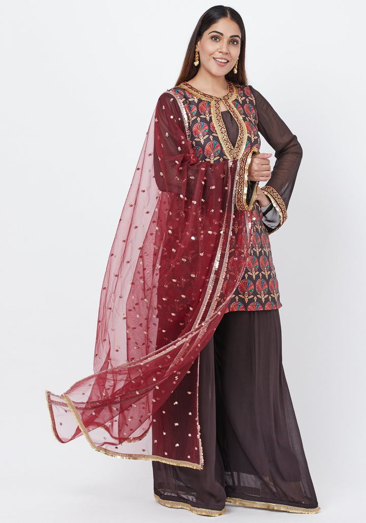 anokherang Combos Coffee Brown Printed Sequenced Short Kurti with Palazzo and Sequenced Dupatta