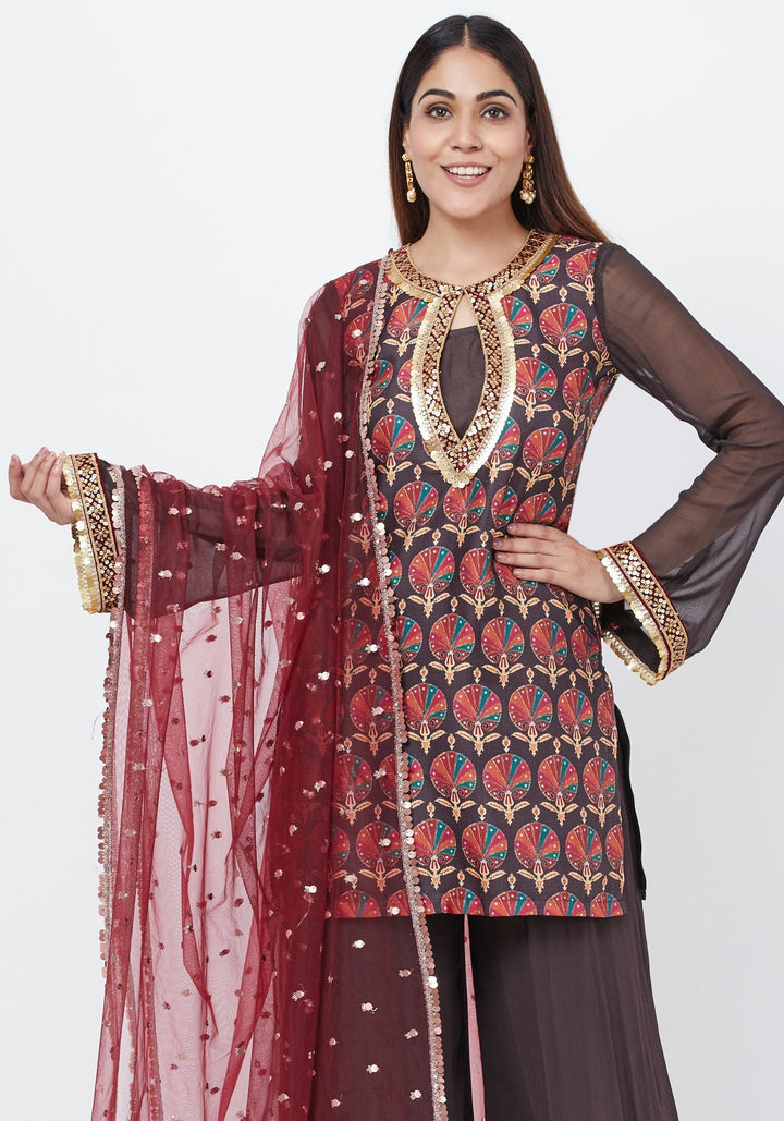 anokherang Combos Coffee Brown Printed Sequenced Short Kurti with Palazzo and Sequenced Dupatta