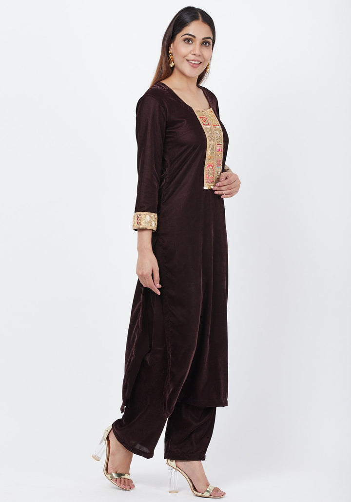 anokherang Combos Coffee Brown Velvet Kurti and Straight Pants