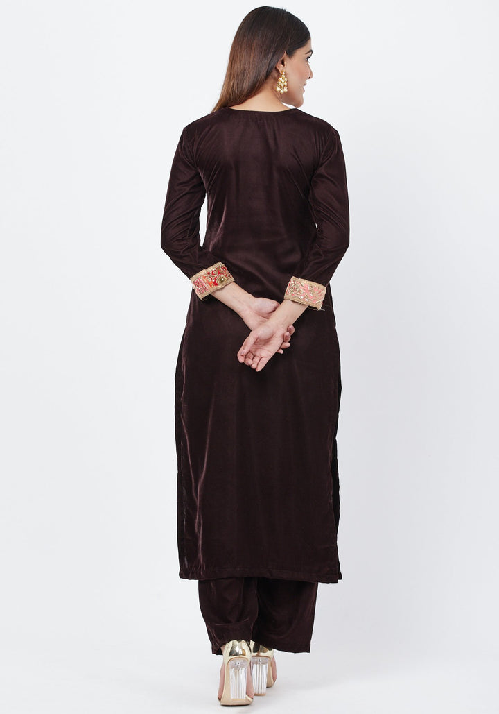 anokherang Combos Coffee Brown Velvet Kurti and Straight Pants