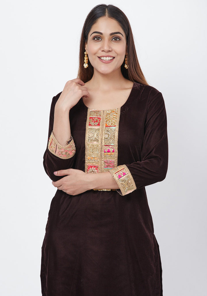 anokherang Combos Coffee Brown Velvet Kurti and Straight Pants