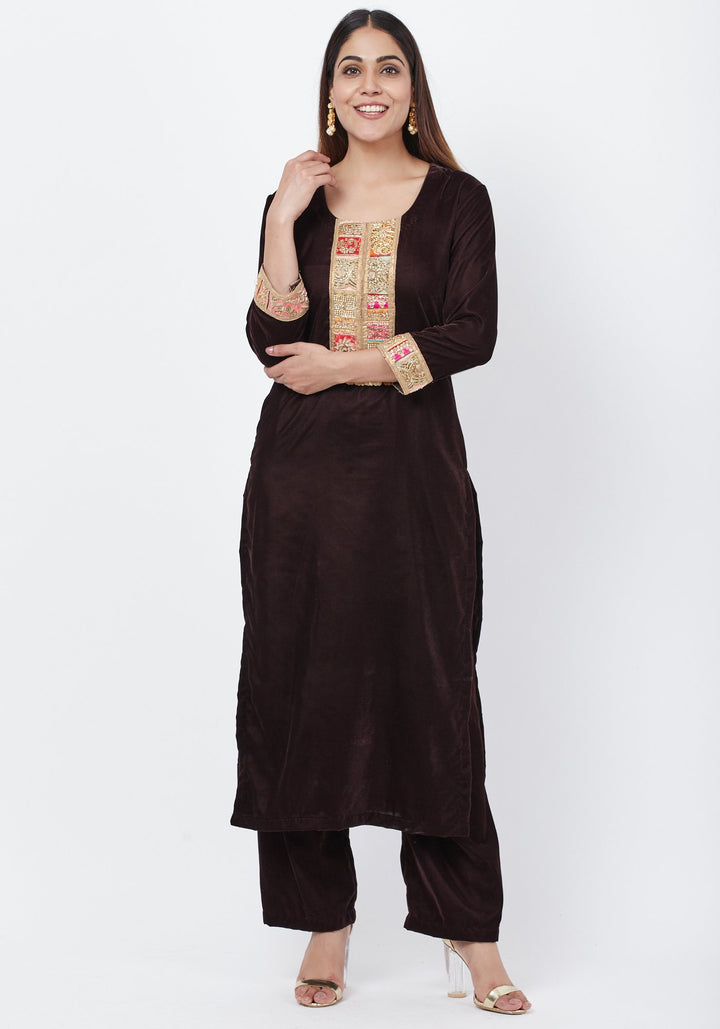 anokherang Combos Coffee Brown Velvet Kurti and Straight Pants