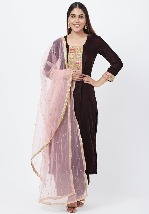 Coffee Brown Velvet Kurti with Straight Palazzo and Sequenced Dupatta ...