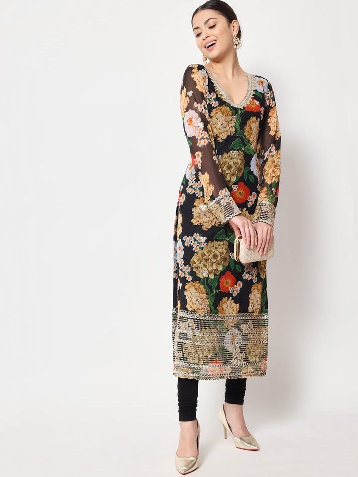 anokherang Combos Copy of Black Floral Printed Embroidered Kurti with Churidar