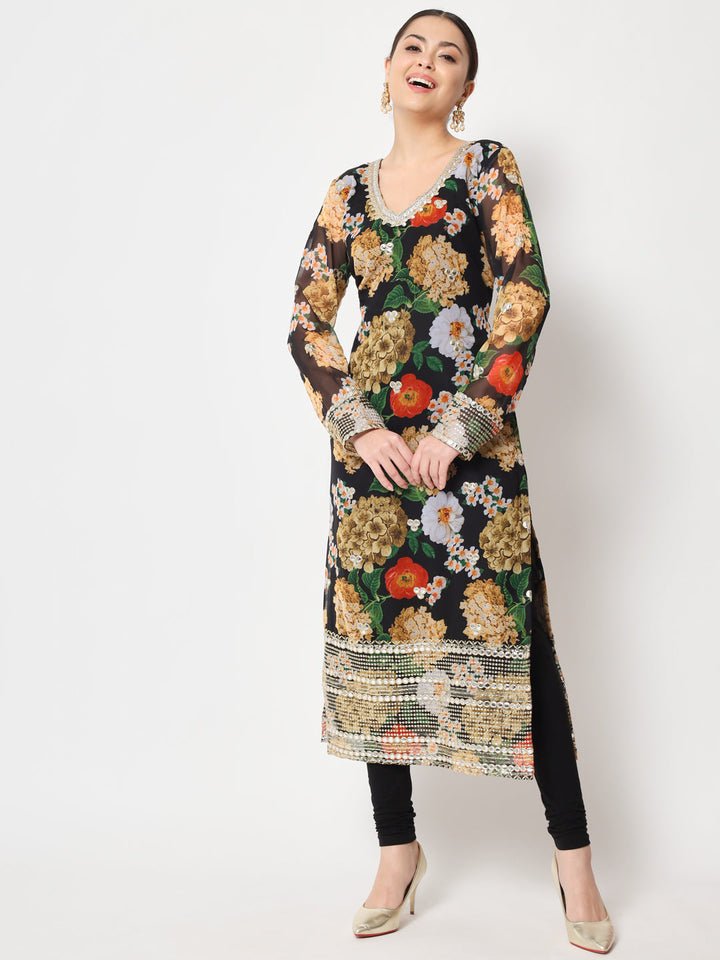 anokherang Combos Copy of Black Floral Printed Embroidered Kurti with Churidar