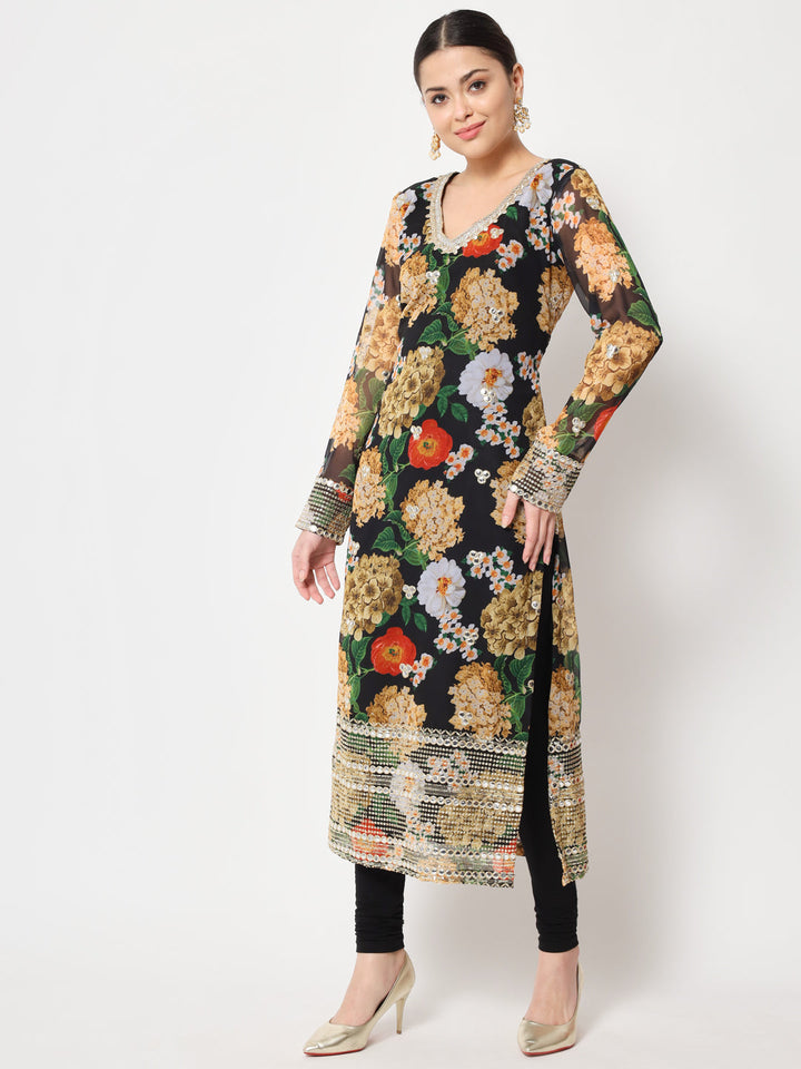 anokherang Combos Copy of Black Floral Printed Embroidered Kurti with Churidar