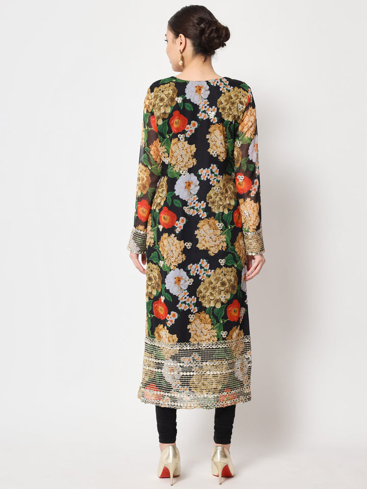 anokherang Combos Copy of Black Floral Printed Embroidered Kurti with Churidar