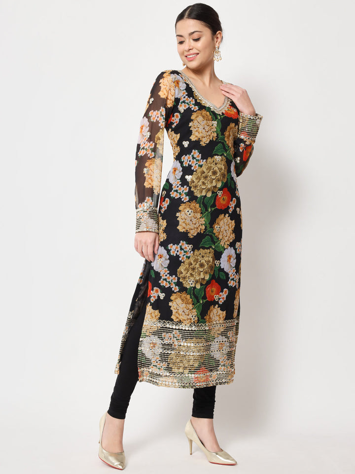 anokherang Combos Copy of Black Floral Printed Embroidered Kurti with Churidar