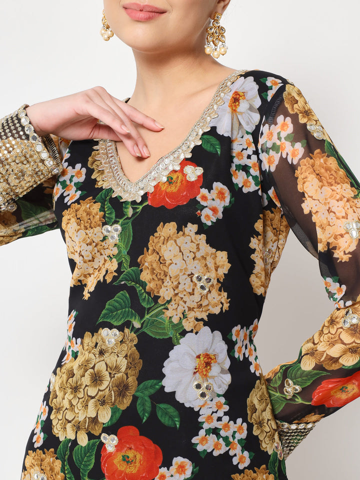 anokherang Combos Copy of Black Floral Printed Embroidered Kurti with Churidar