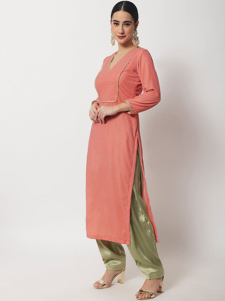 anokherang Combos Copy of Charming Pink Velvet Kurti with Green Satin Salwar
