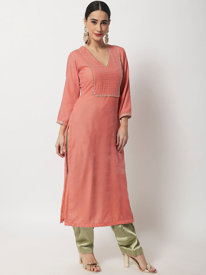 anokherang Combos Copy of Charming Pink Velvet Kurti with Green Satin Salwar