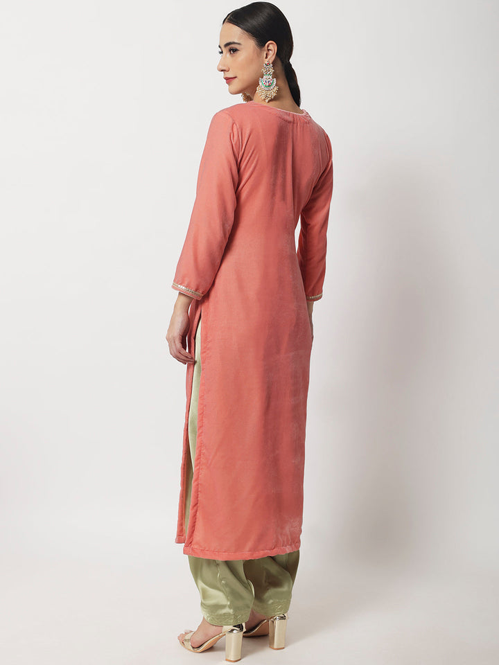 anokherang Combos Copy of Charming Pink Velvet Kurti with Green Satin Salwar