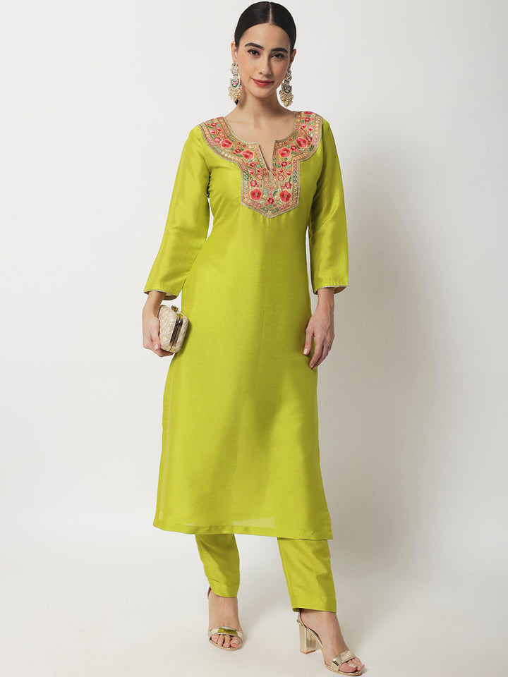 anokherang Combos Copy of Lime Green Floral Embroidered Kurti with Straight Pants