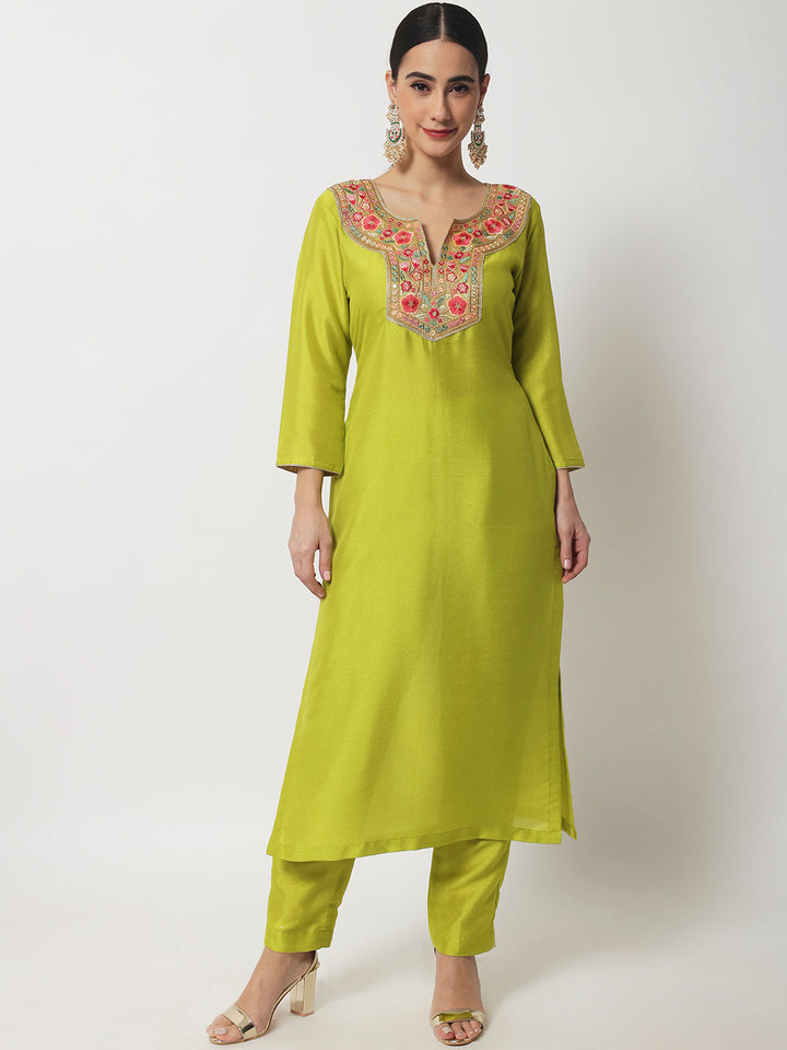 anokherang Combos Copy of Lime Green Floral Embroidered Kurti with Straight Pants