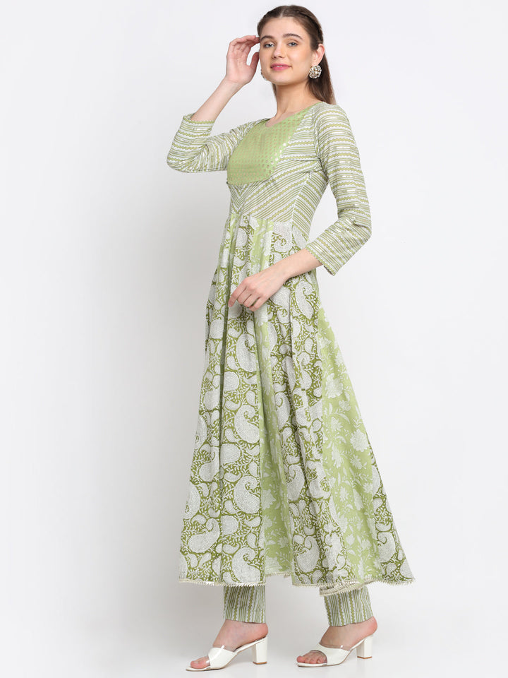 anokherang Combos Copy of Nilofer Green Floral Anarkali with Printed Pants