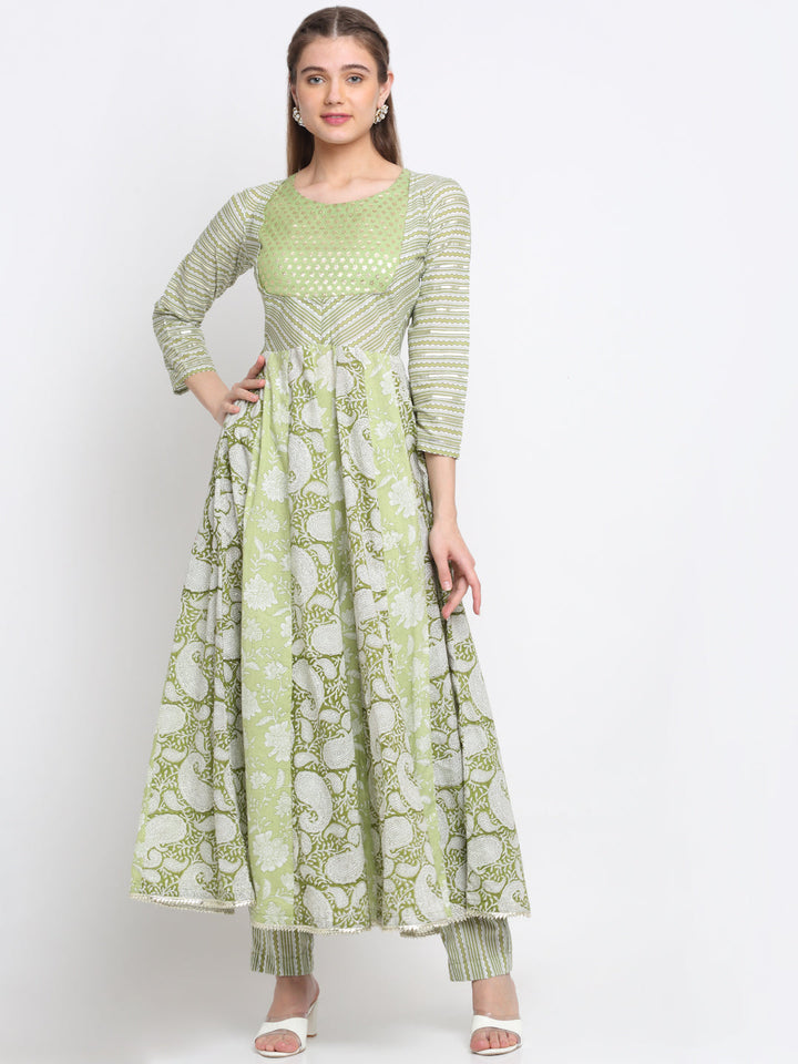 anokherang Combos Copy of Nilofer Green Floral Anarkali with Printed Pants