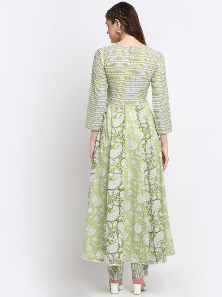 anokherang Combos Copy of Nilofer Green Floral Anarkali with Printed Pants